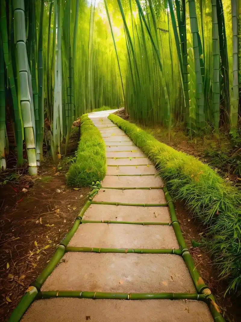 阳光透过竹叶的缝隙洒下斑驳的光影,微风拂过,竹叶轻轻摇曳,仿佛在