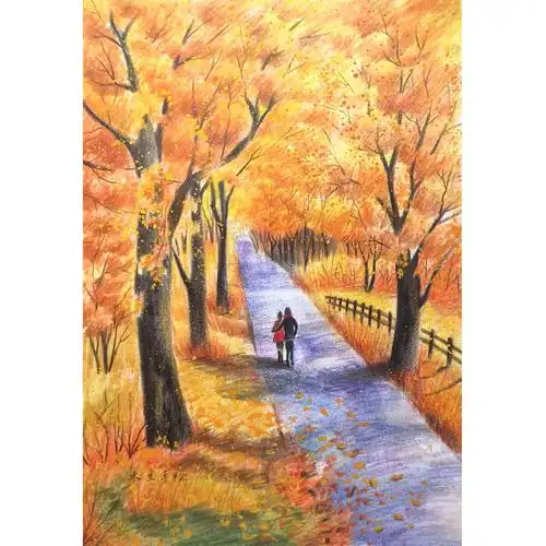 彩铅唯美彩铅风景深秋的浪漫