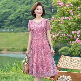 回棉高端女装一线品牌年轻夏装连衣裙洋气40岁50女夏季碎花粉色xl适合