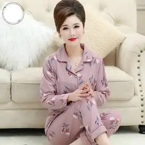 妈妈睡衣女纯棉春秋老人婆婆款中老年妇女夏季宽松50岁两件套女装