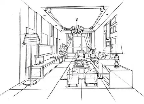 客厅空间一点透视黑白效果绘制步骤图. - 原创作品 - 站酷(zcool)