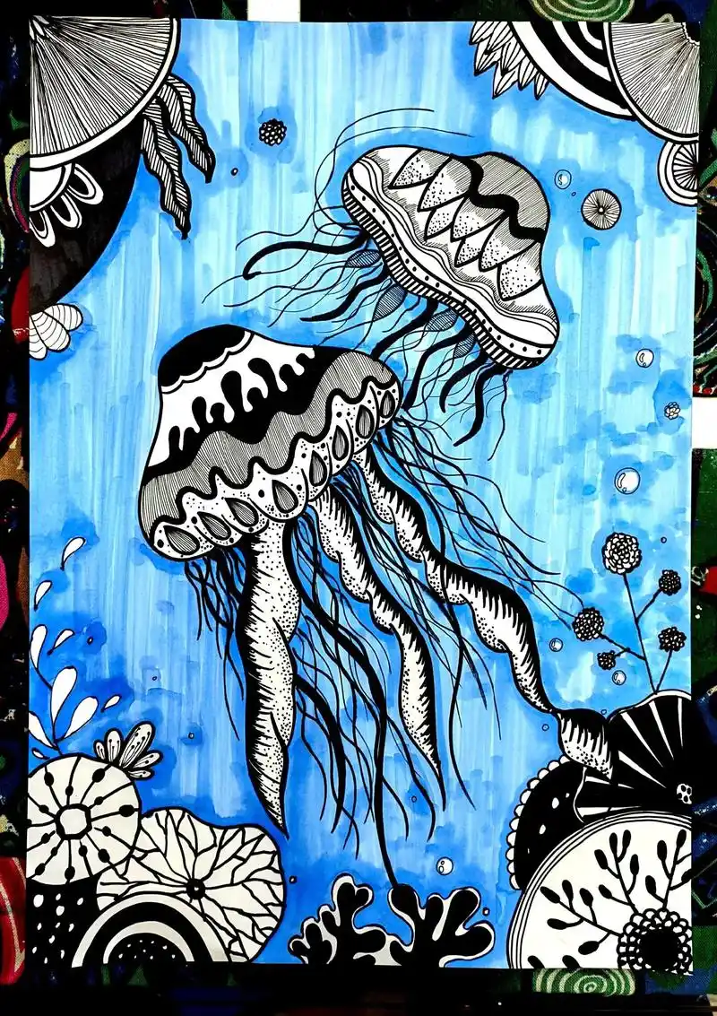 线描水母,适合年龄6至7岁,#黑白线描画 #画画 #画画过程 - 抖音