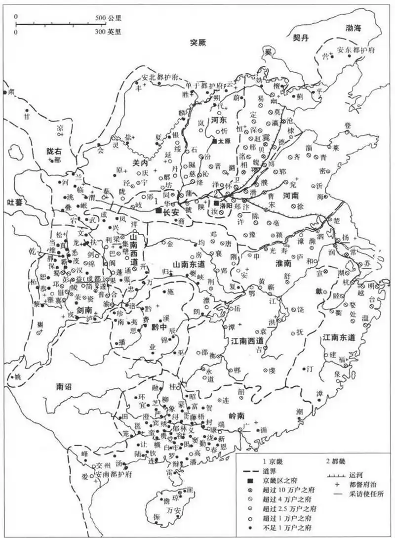 唐玄宗时期唐朝疆域图,这个地图没有把西域的安西都护府,北庭都护府