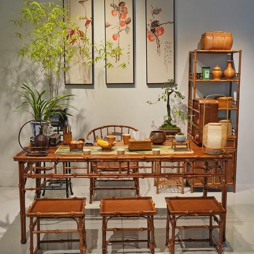 中式手工筇竹家具明式宋式茶桌圈椅凳子套装茶几大茶台茶空间