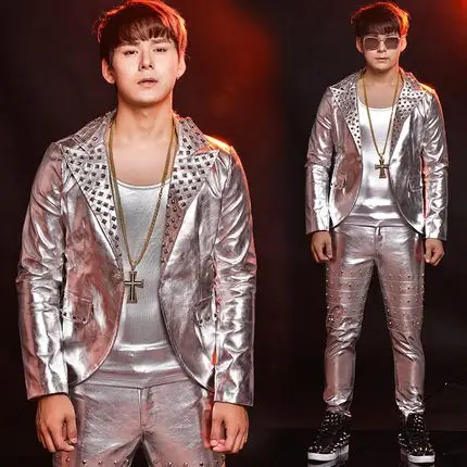 秋季乐队歌手dj演出服 发型师服装 修身个性铆钉皮衣外套潮男成人_7折