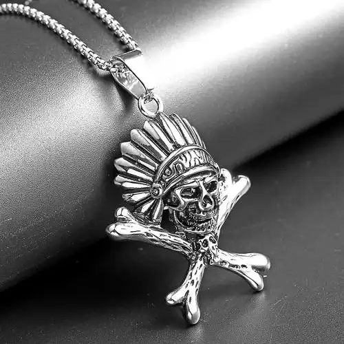 欧美朋克印第安人骷髅酋长钛钢个性男女项链鬼头骨架吊坠潮人配饰