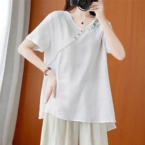 文艺复古刺绣斜襟棉麻短袖t恤女夏季薄款宽松v领显瘦套头亚麻上衣