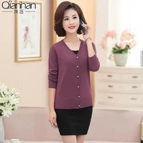 suntek中老年女装春秋针织衫开衫妈妈外套长袖上衣薄款中年人女外搭