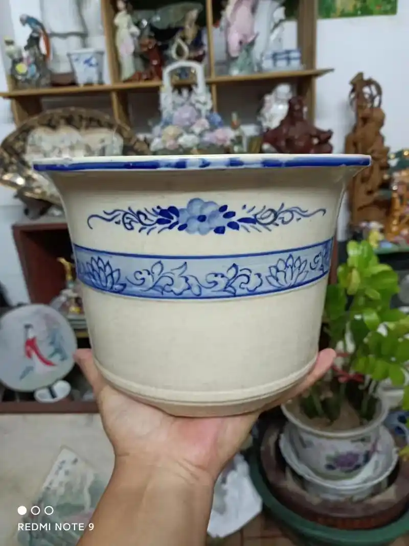 民国青花竹节陶瓷花盆高度16cm口径24cm釉面冰裂纹漂亮有喜欢的朋友