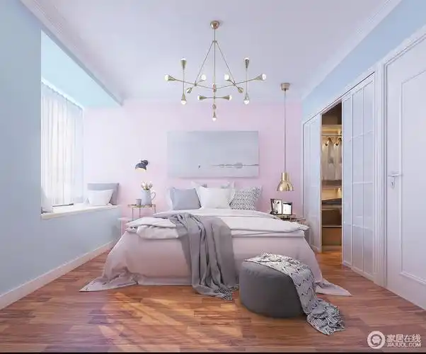 卧室以浅蓝色和粉色来着墨,清和优雅的色彩无形中缓解了压力,带来愉悦