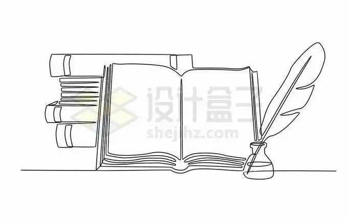 翻开的书本和鹅毛笔线条简笔画9521606矢量图片免抠素材
