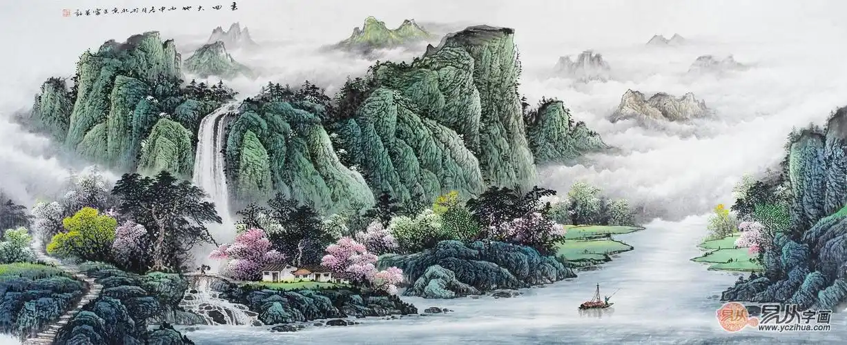 客厅大幅山水画客厅装饰山水画中国山水画易从字画王宁横幅山水画手绘