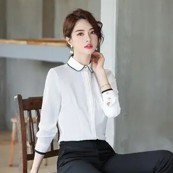 商品特洛曼娃娃领衬衫女长袖修身秋冬新款商务休闲正装工装白衬衣气质