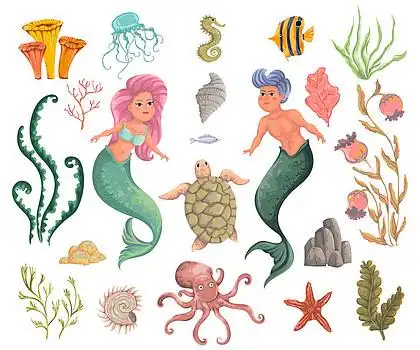 收集装饰设计元素. 水彩画风格的卡通海洋动植物.