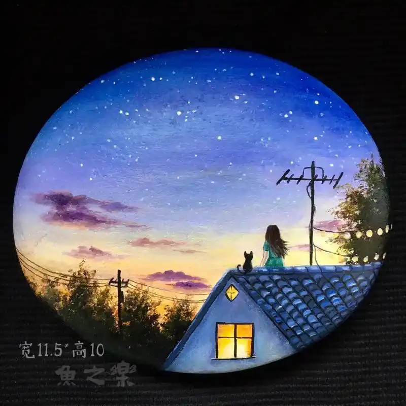 手绘石头画作品童年的星空属于童年的小美好