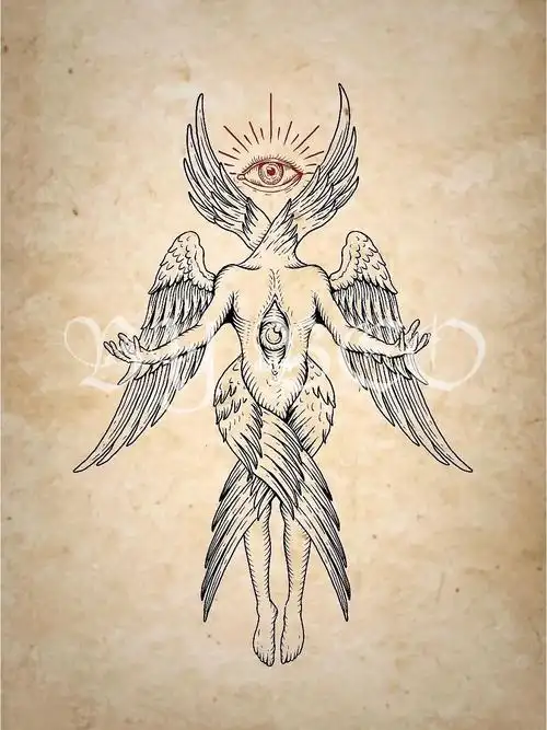 原创手稿六翼天使版画风格天使纹身