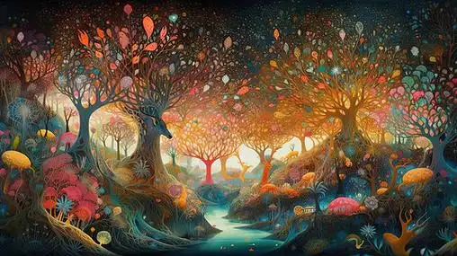 梦幻森林童话古堡,背景  |梦幻森林场景元素  |卡通手绘狐狸插画