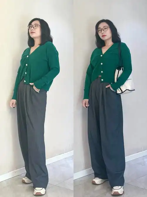 每日一拍绿色开衫和灰色阔腿裤的组合