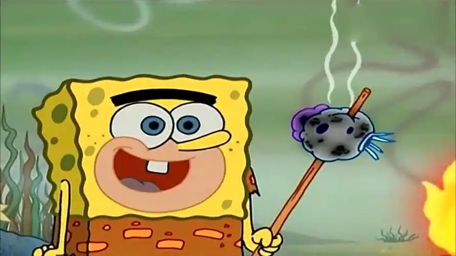 海绵宝宝:重回 b>野人时代 /b>,小海绵做出世界上最早的烧烤,味道真好
