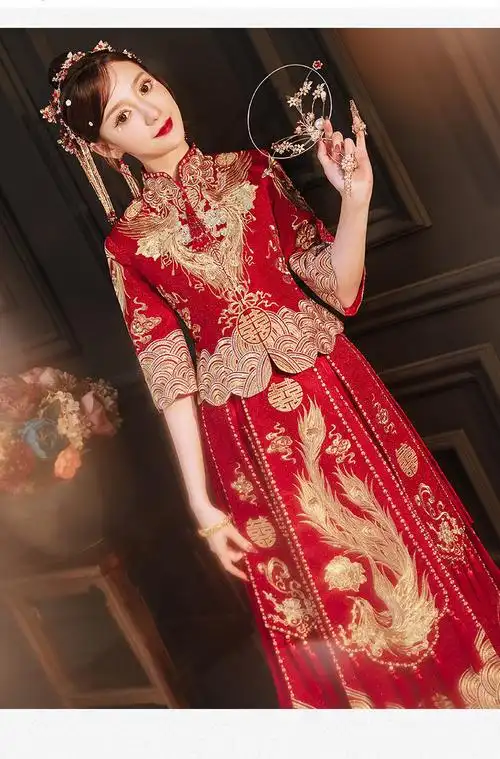 年新款新娘结婚礼服中式婚礼嫁衣敬酒龙凤褂夏季女秀和深红色中袖s
