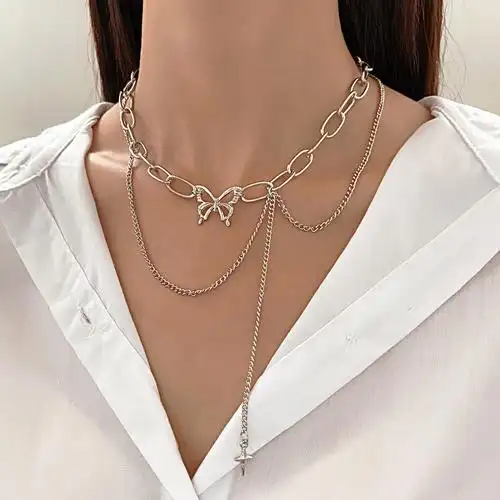 ins冷淡风简约流苏蝴蝶项链2023新款气质锁骨链双层毛衣链配饰女
