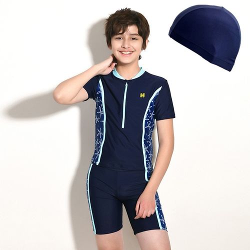 加大码儿童泳裤青少年学生男孩中大童男童游泳裤胖小孩泳衣泳装海军蓝