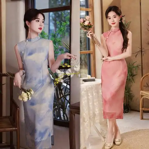 艾旗绣时尚改良年轻少女款长款无袖旗袍2024春夏新款现代国风旗袍