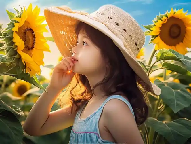 儿童保健拿着向日葵的儿童小女孩向日葵花朵清新美好希望鲜花花束可爱