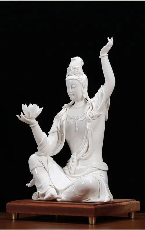 陶瓷莲花自在观音佛像摆件 禅意观世音菩萨像家居玄关供奉工艺品