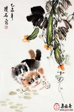 【已售】璞石四尺三开动物画《猫》_写意动物画_动物画_集雅斋