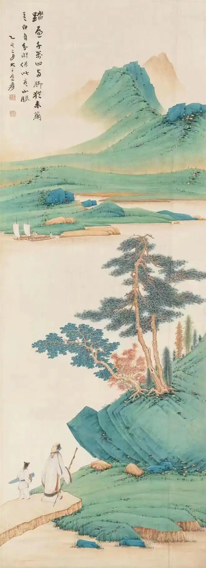 上热门张大千工笔青绿山水真迹一副,绢本精品(有作品高清细节 - 兑趑