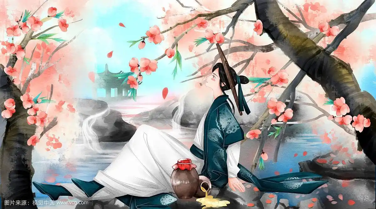 中国风武侠公子桃花源喝酒插画
