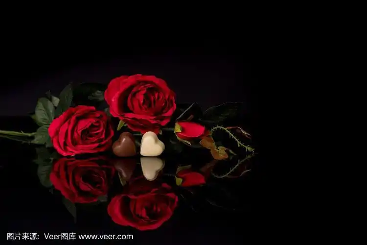 黑色背景下的红玫瑰和心形巧克力