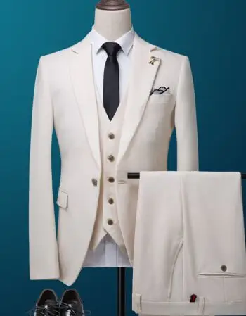 西装套装正装三件套修身韩版西服套装英伦帅气新郎伴郎婚礼服 白色三
