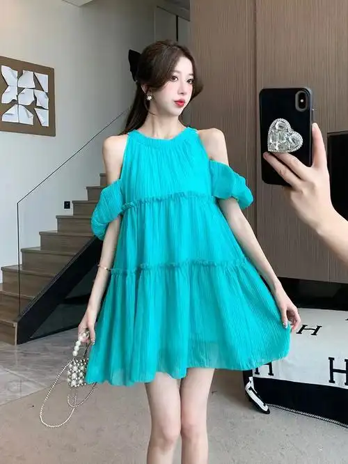 小清新甜美露肩可爱蓝绿色连衣裙女学生夏日 - 17网