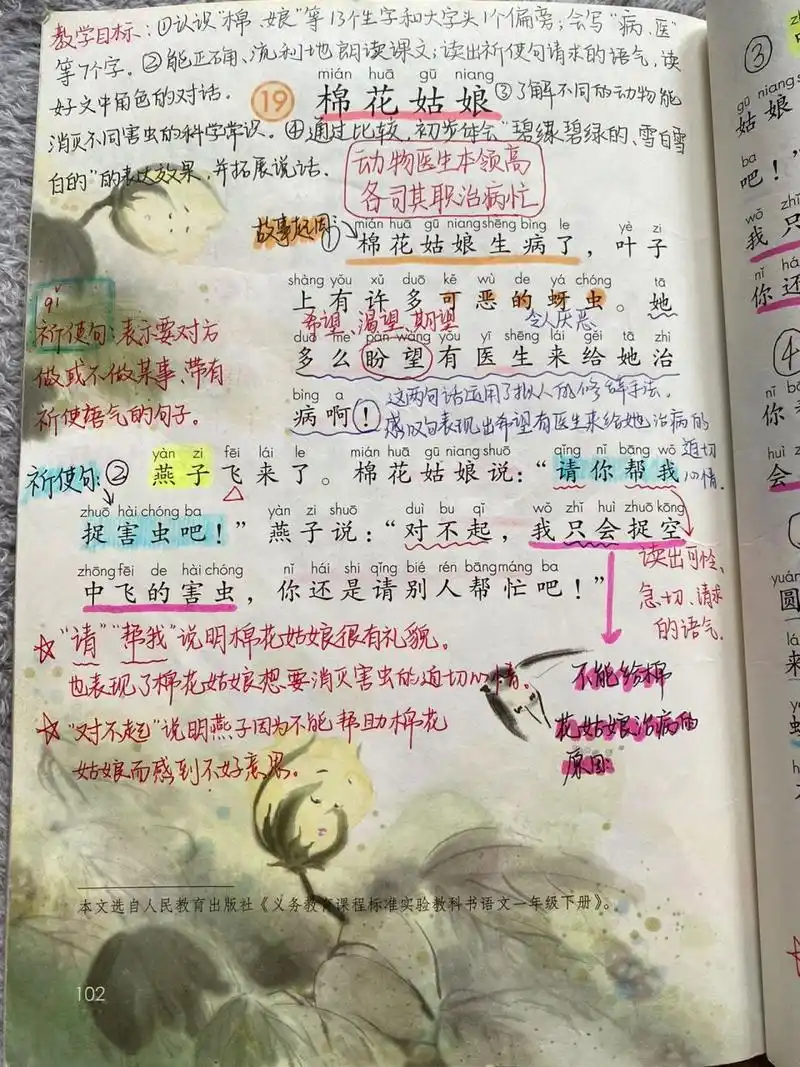 一年级语文下册《棉花姑娘》课堂笔记