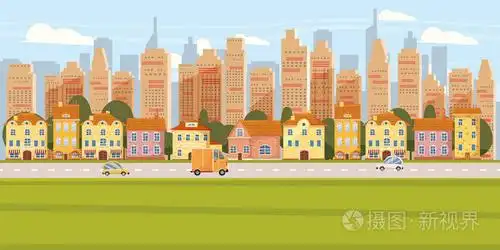 现代城市全景与道路郊区市中心超过摩天大楼天际线剪影动画片向量例证