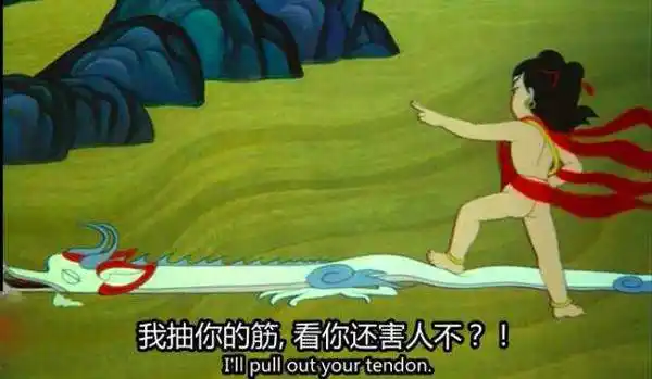 电影最经典的一幕,就是一袭白衣的哪吒在阴沉的乌云下挥剑自刎,割肉还