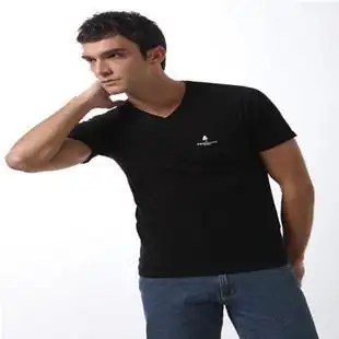 批发金企鹅 夏装韩版纯白色 短袖衫短t恤 纯棉罗纹v领男士短袖衫