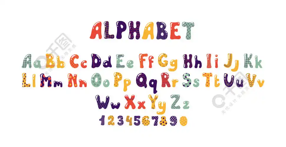 带有气球或糖果形状的彩色字母表.印刷大写或小写文本符号和数字.漫画