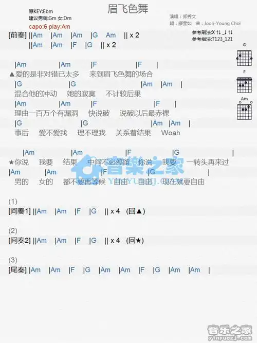 郑秀文眉飞色舞吉他谱c调吉他弹唱谱和弦谱