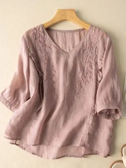 中老年妈妈夏装棉麻上衣女高端亚麻刺绣夏季新款苎麻女装短袖t恤