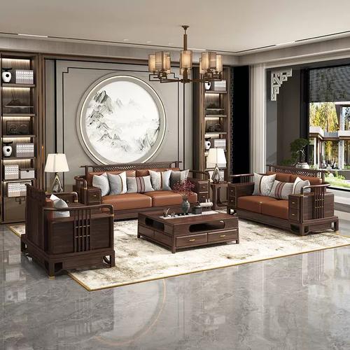 新款现代新中式沙发实木轻奢别墅客厅简约乌金丝黑檀真皮家具定制