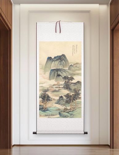 新品代名家张大千精品中堂山水工笔玄关画国画办公室竖挂画 中堂山水