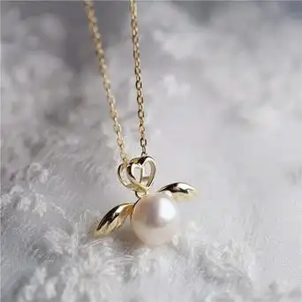 小众设计感珍心守护珍珠吊坠项链女 s925纯银镀金天使翅膀锁骨链