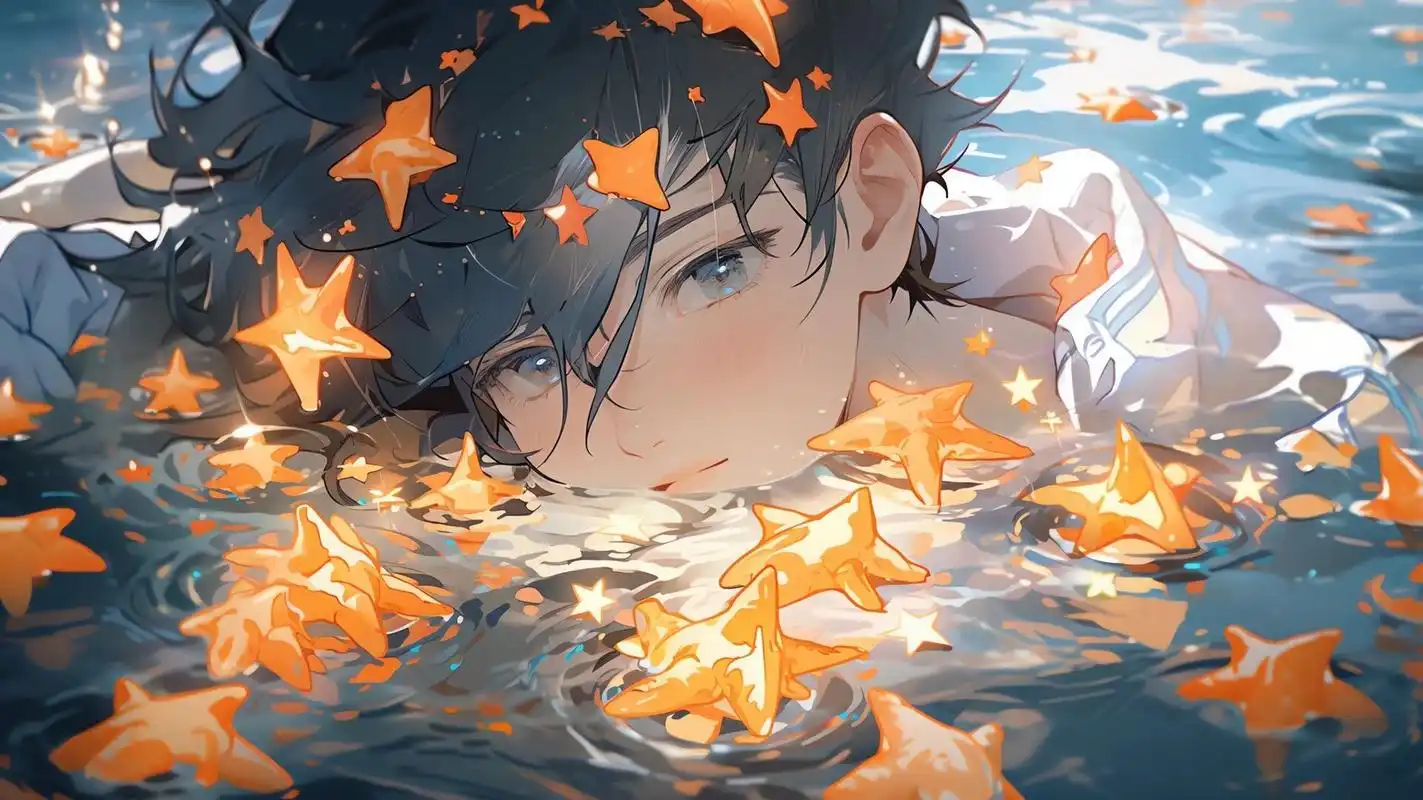 电脑壁纸 水中星星动漫少年,治愈系 midjourney|ai绘图 4k超清壁纸