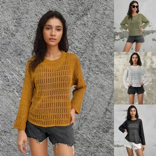 春夏新款2024亚马逊圆领纯色镂空针织衫女式上衣跨境透视长袖罩衫