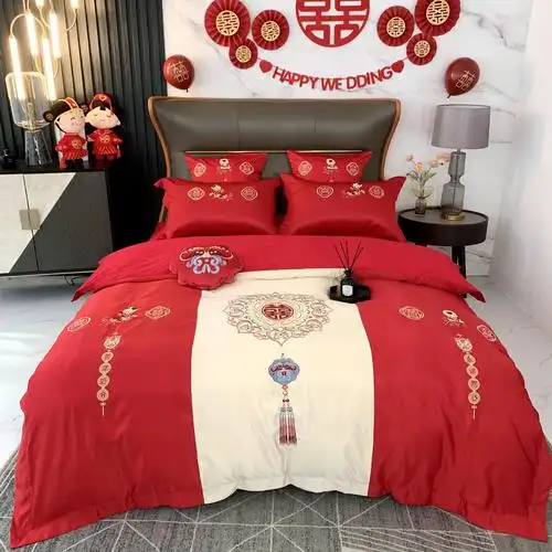 新中式婚庆四件套大红色纯棉全棉床单被套床笠刺绣结婚床上用品4