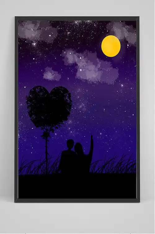 手绘星空下的情侣插画设计