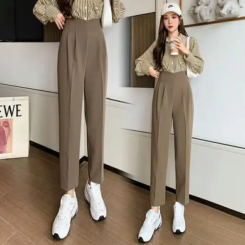 九分哈伦裤女网红白色直筒裤时尚后拉链西裤高腰萝卜裤休闲烟管裤